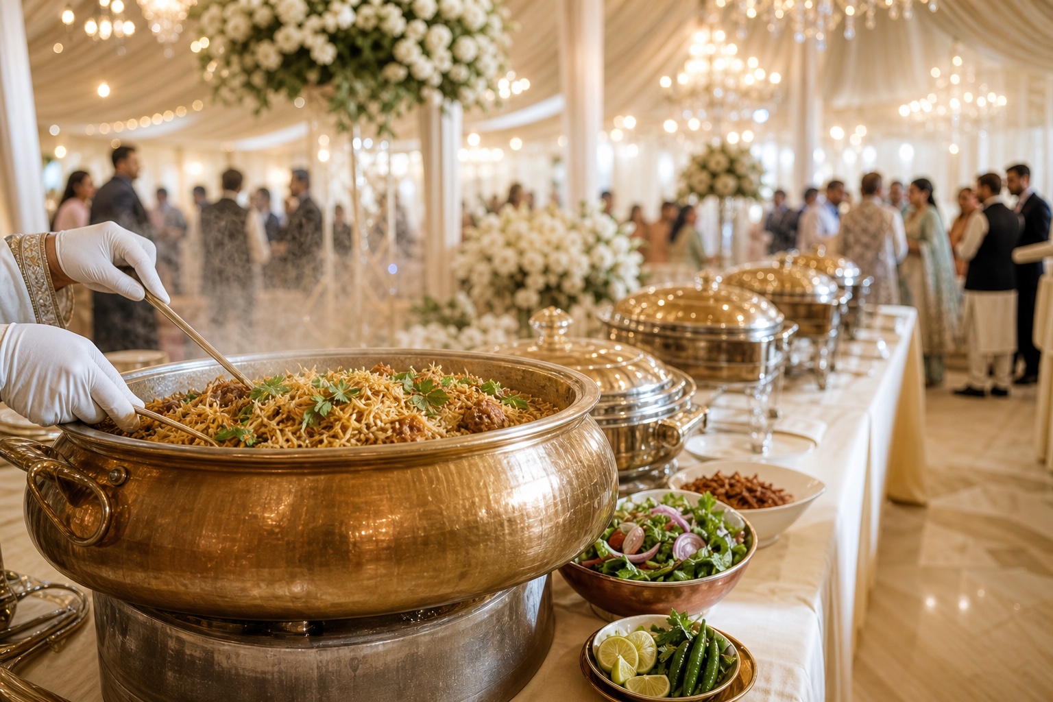 Steaming traditional daig biryani served with white-gloved care at a bright premium wedding buffet by Shaheryar Foods