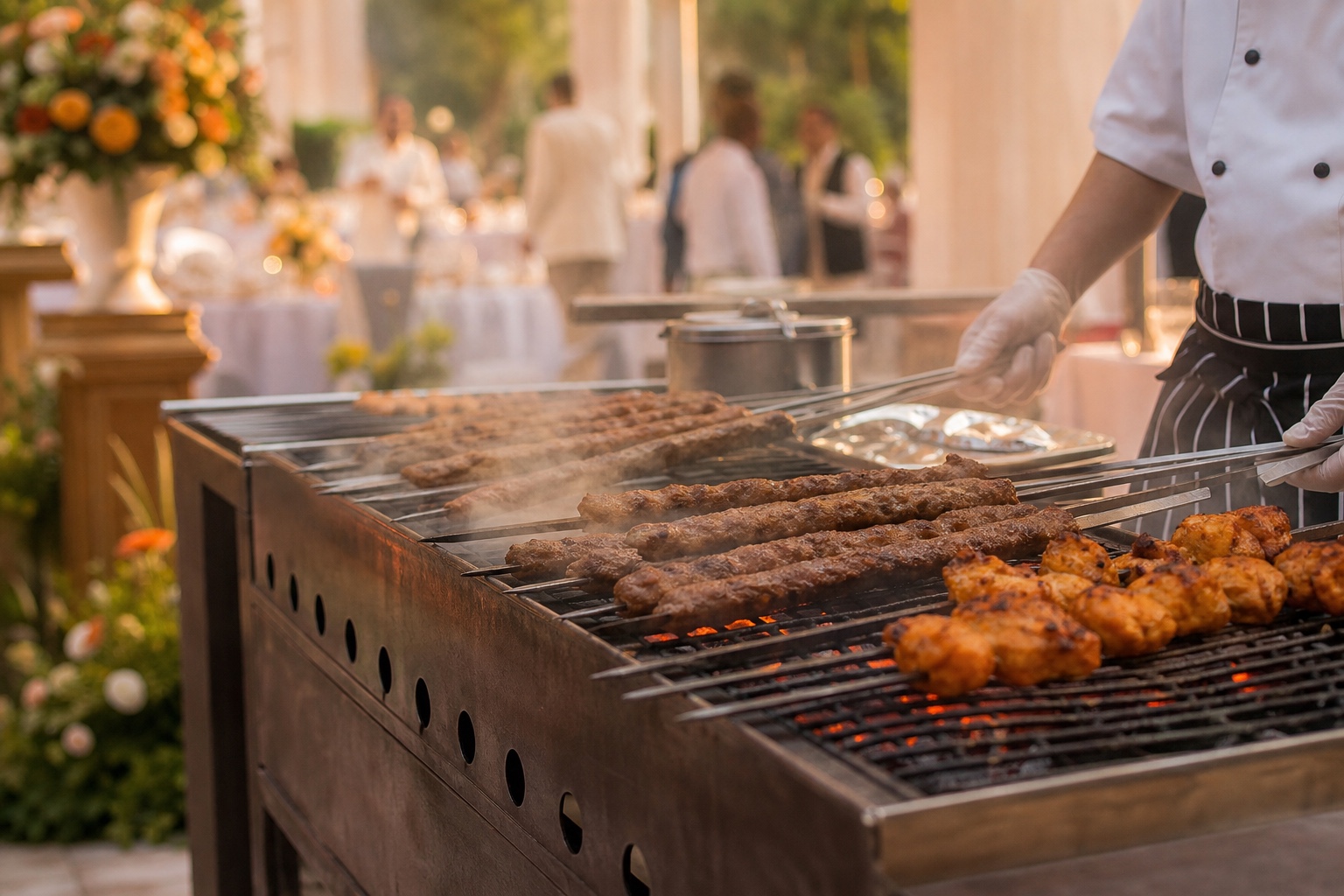 Live BBQ station with sizzling kebabs