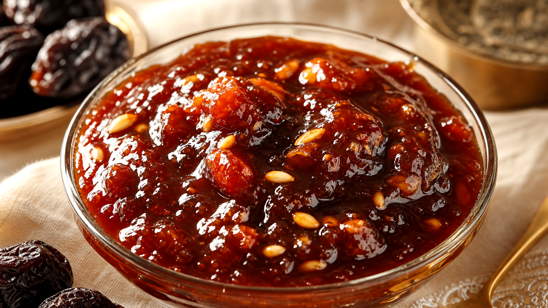 Shaheryar Foods Aloo Bukhara chutney in a glass bowl with dried plums and spices